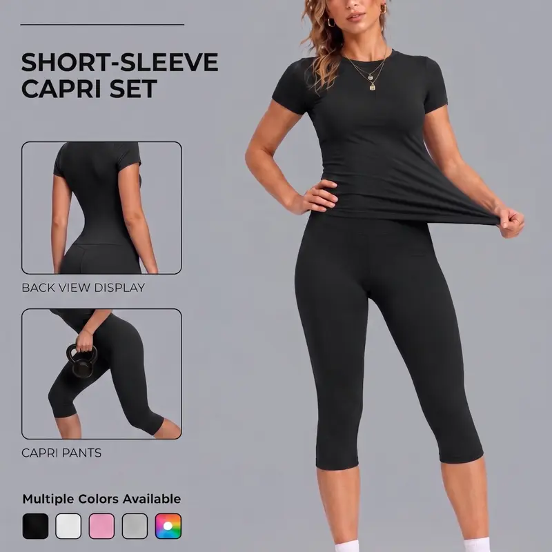 Women’s 2 Piece Activewear Set, Sporty Suit, Fitted Short Sleeve Top & High Waisted Capri Leggings, Sporty Workout for Yoga, Gym, Travel
