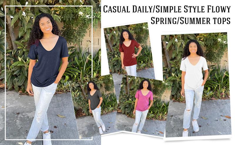 Goranbon Women Fashion Deep V-Neck Short Sleeve Tops Solid Casual Loose Basic T Shirt