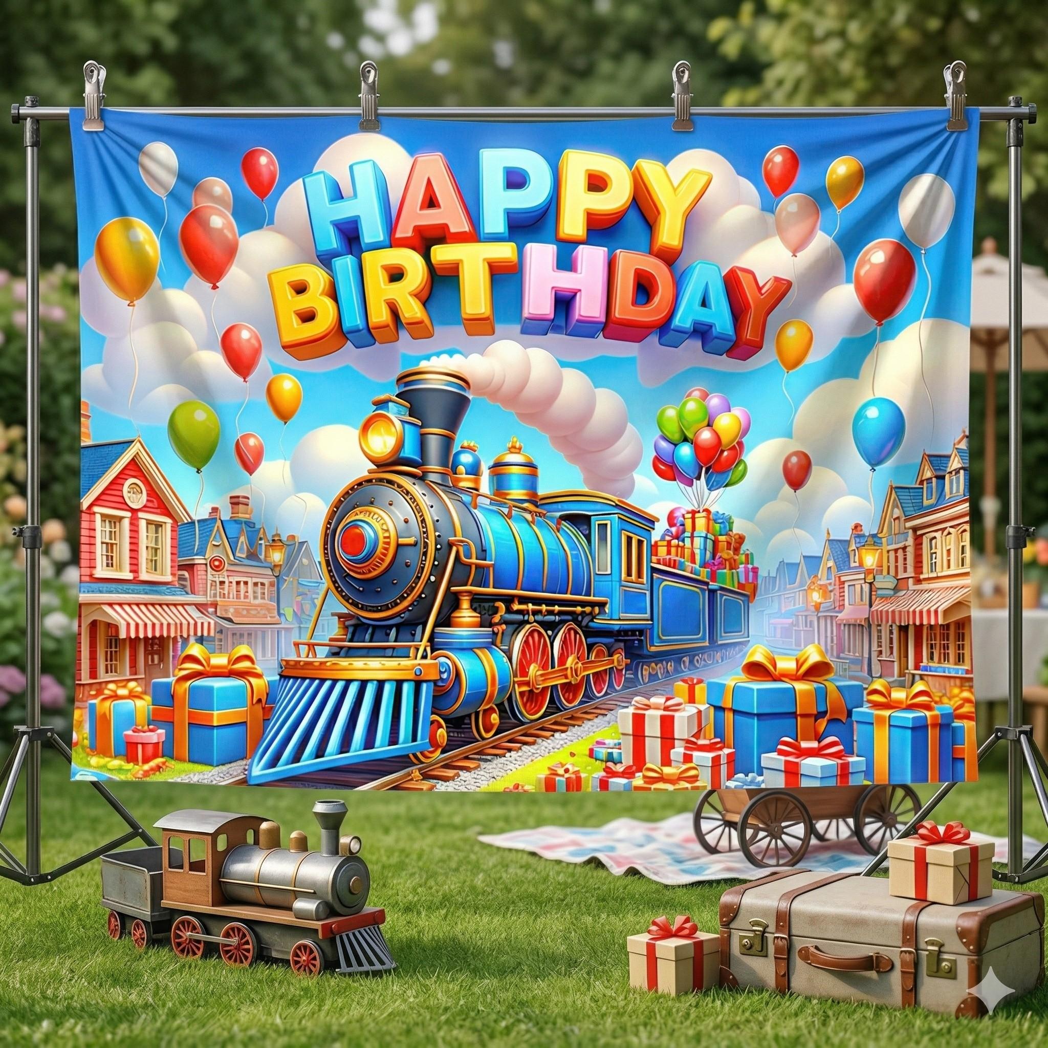 1pc, 2D/Flat Happy Birthday Banner Colorful Train Birthday Backdrop Cartoon Train Banner Decorations Photography Background Photo Shoot Props for Boy Girl Kid Train Birthday Party Backdrop