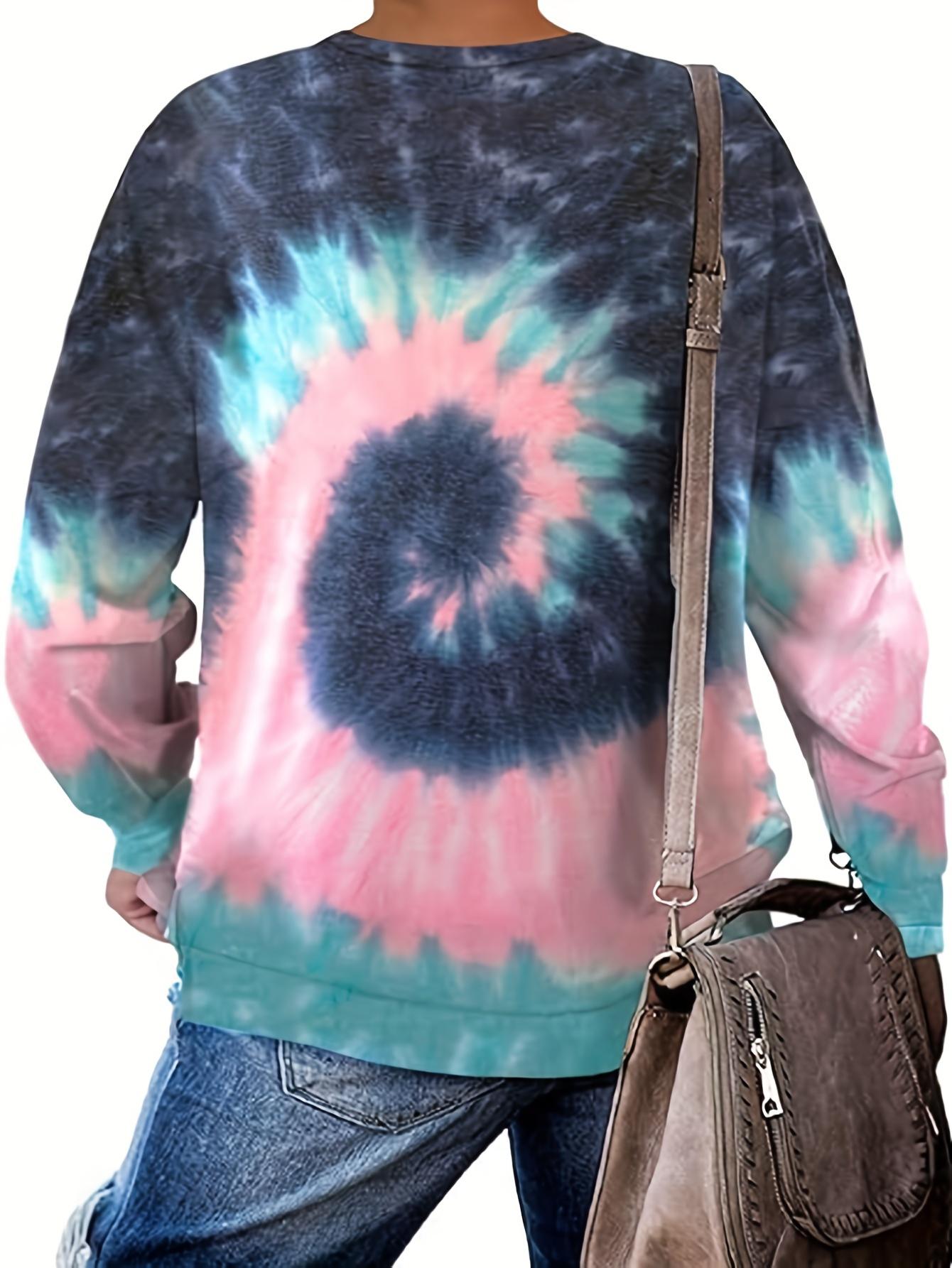 Plus Size Women's Tie Dye Long Sleeve Pullover T-Shirt, Fall/winter Vibrant Print, Round Neck, Polyester Blend