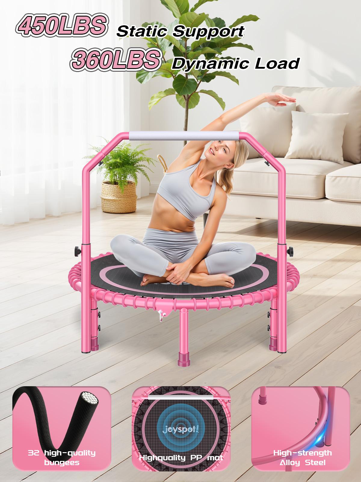 JOY SPOT! 450 LBS Foldable Trampoline 40" Fitness Trampoline with Bungees Adjustable Foam Handle/T Handle No Rope Training Jump Rope Home Gym Workout Stable Quiet Exercise Rebounder for Adults