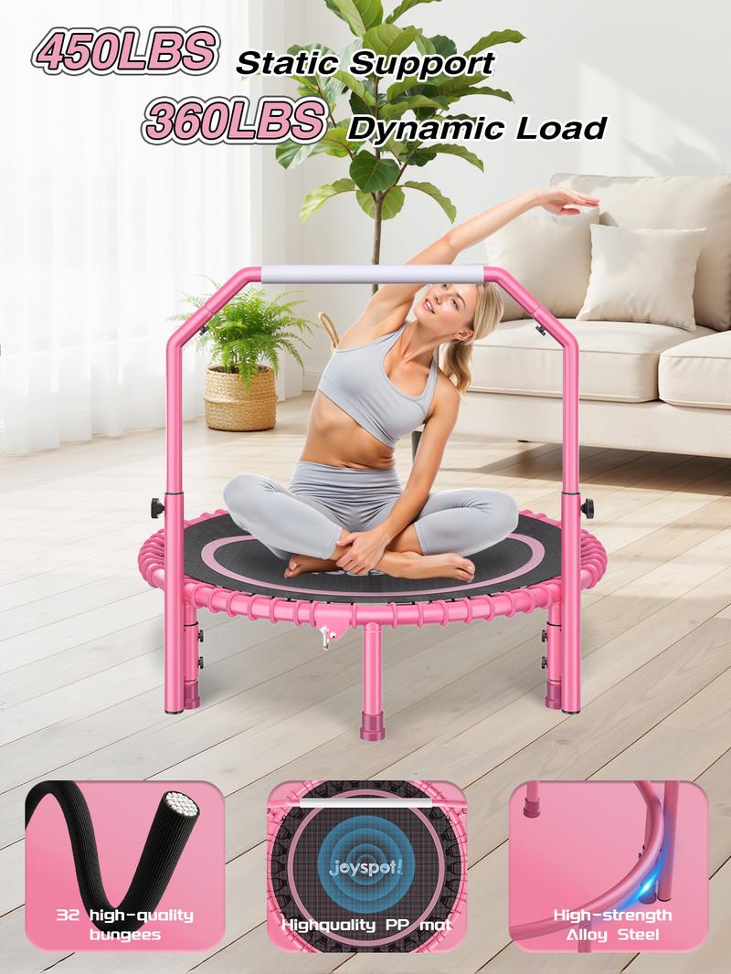JOY SPOT! 450 LBS Foldable Trampoline 40" Fitness Trampoline with Bungees Adjustable Foam Handle/T Handle No Rope Training Jump Rope Home Gym Workout Stable Quiet Exercise Rebounder for Adults, Valentine's gift
