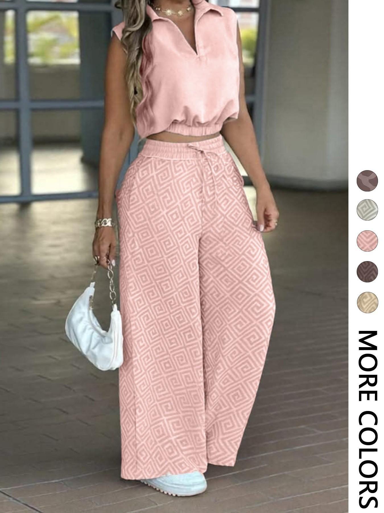 2-Piece Women's Casual Commuter Set, Womenswear Sleeveless Collared Waist-Defined Top with High-Waisted Drawstring Adjustable Wide-Leg Pants 2-Piece Women's Casual Commuter Set, Womenswear Sleeveless Collared Waist-Defined Top with High-Waisted Drawstring Adjustable Wide-Leg Pants