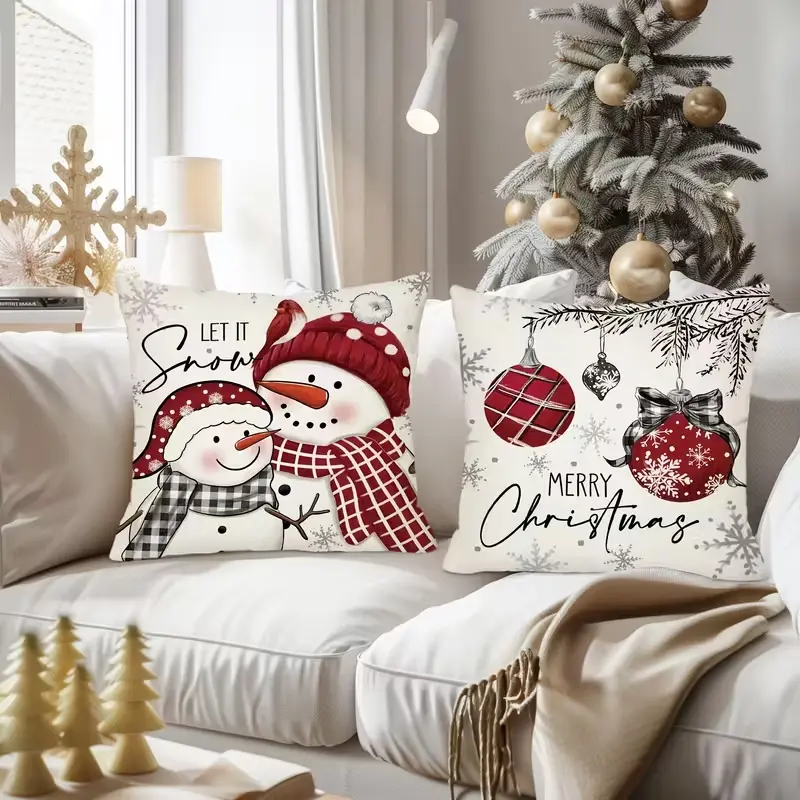4pcs Set of 18x18 Inch Christmas Throw Pillow Covers,  Winter Holiday Cushion Case Decoration, Snowman Christmas tree Designs, ZipperClosure,Linen,Peach Skin, Merry Christmas Decor 2026 for Home, Couch, Sofa, Living Room – No Inserts Included