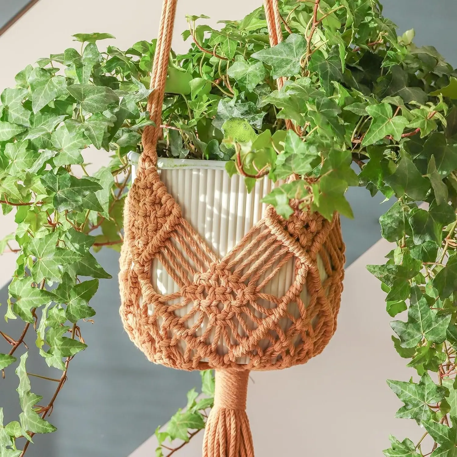 Hanging Planter with Patterns, 2 Packs Macrame Plant Hangers for up to 8 inch Pots, Crochet Boho Plant Holder for Indoor Outdoor with 2 S-Shaped Stainless Steel Hooks, CaramelGift