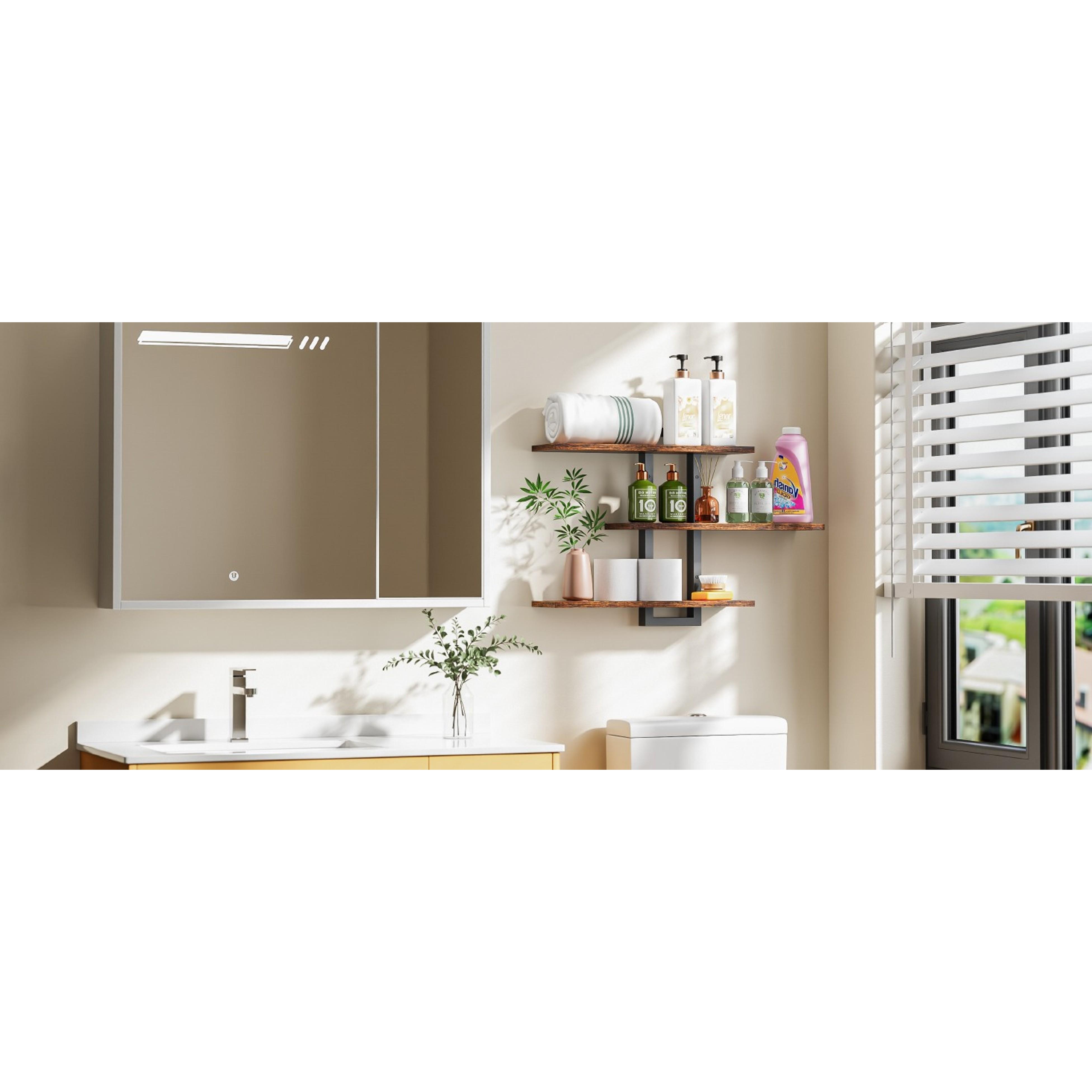 Rustic Brown and Black Wooden Floating Wall Shelves Set - 3-Tier Hanging Storage Racks for Bathroom, Bedroom, Easy Installation, Home Organizer Decor, Rustic Look