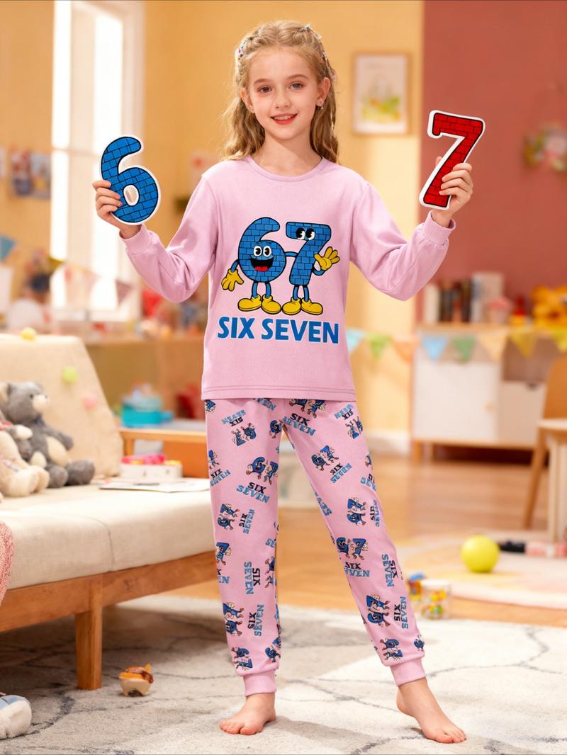 #67 Kids Long Sleeve Pajama Set,  Six Seven Cute Cartoon Pattern, Loose-Fitting Sleepwear, All Seasons, Ideal Gift for New Year & Reading Festival, Cartoon Print Pajama