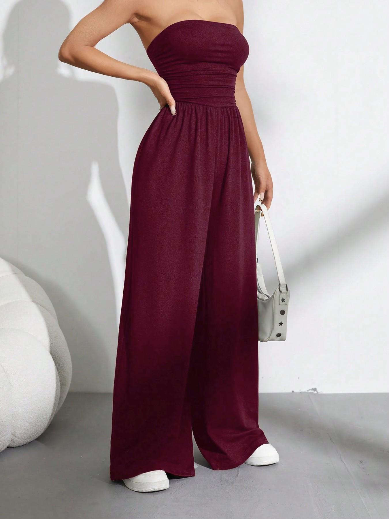 Solid Color Casual Sleeveless Pleated Loose Jumpsuit, Slim-Fitting Ruched Design, Elastic Waist, All Seasons Wear, Organic Textile, Waistband Jumpsuit