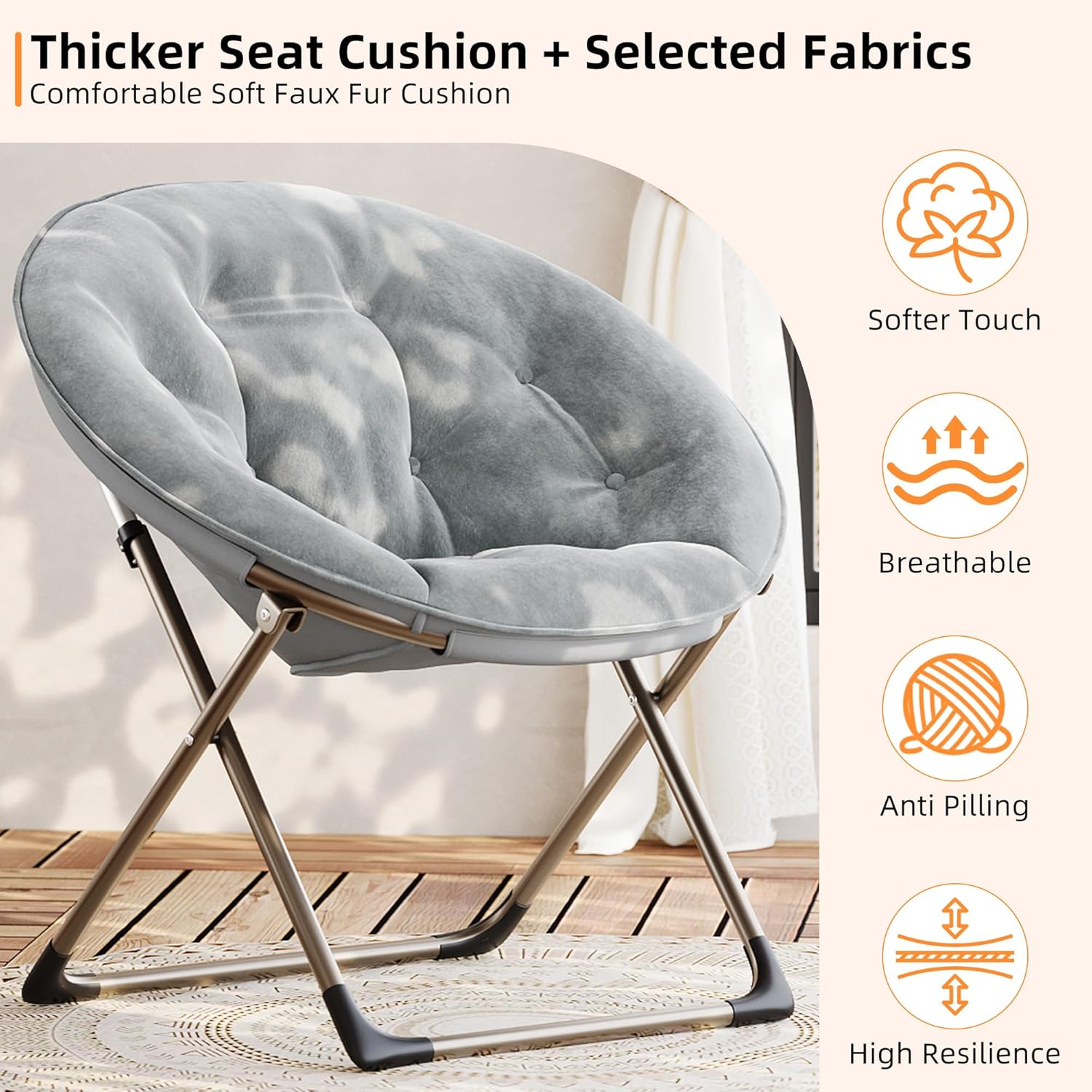 Comfy Oversized Saucer Chair, Soft Faux Fur Folding Moon Chair, Thick Padded Reading Lounge Chair with Stable Metal Frame for Living Room, Dorm, Office