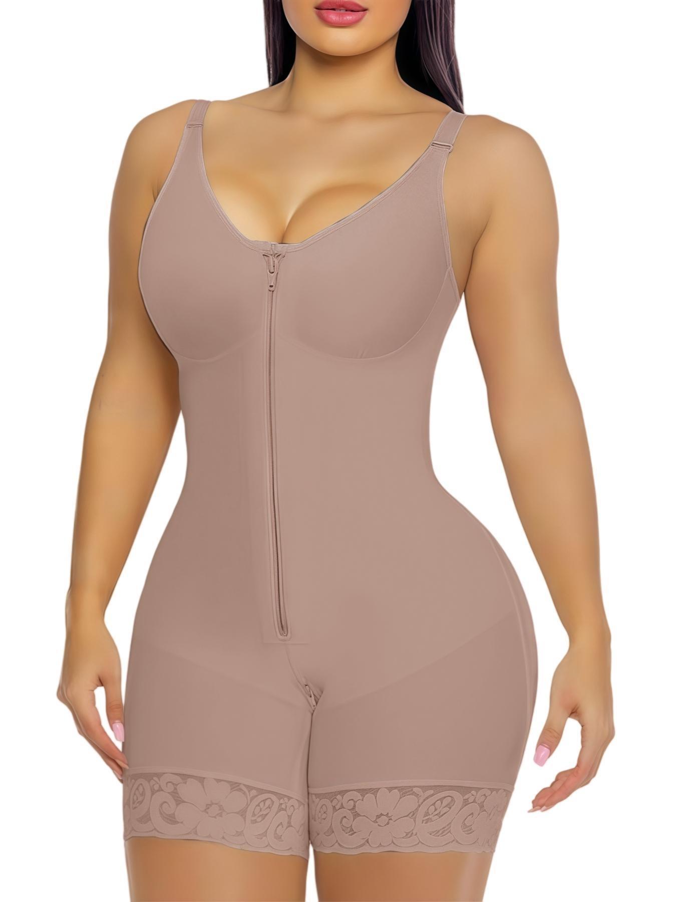 1 Count Women's Adjustable Shoulder Straps Full Body Shaper with Zipper & Hook Closure, Fajas, Colombian Shapewear, Body Shaping Underwear, Lace Decor Zipper Crotch Bodysuit, Abdomen Smoothing Butt Enhancing Shapewear, For Party & Occasions