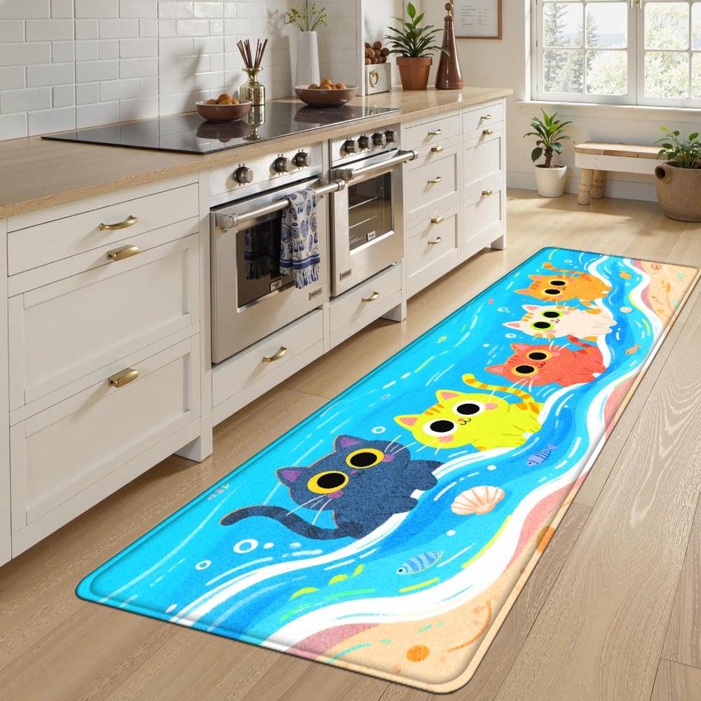 1PC， Colorful Cats on the Beach Patterned strip rugs, home décor, bathroom mats, entryway mats, bathroom non-slip mats, indoor entrance rugs, bedroom bedside mats, kitchen mats, hallway rugs, flannel sponge rugs, hallway runner rugs