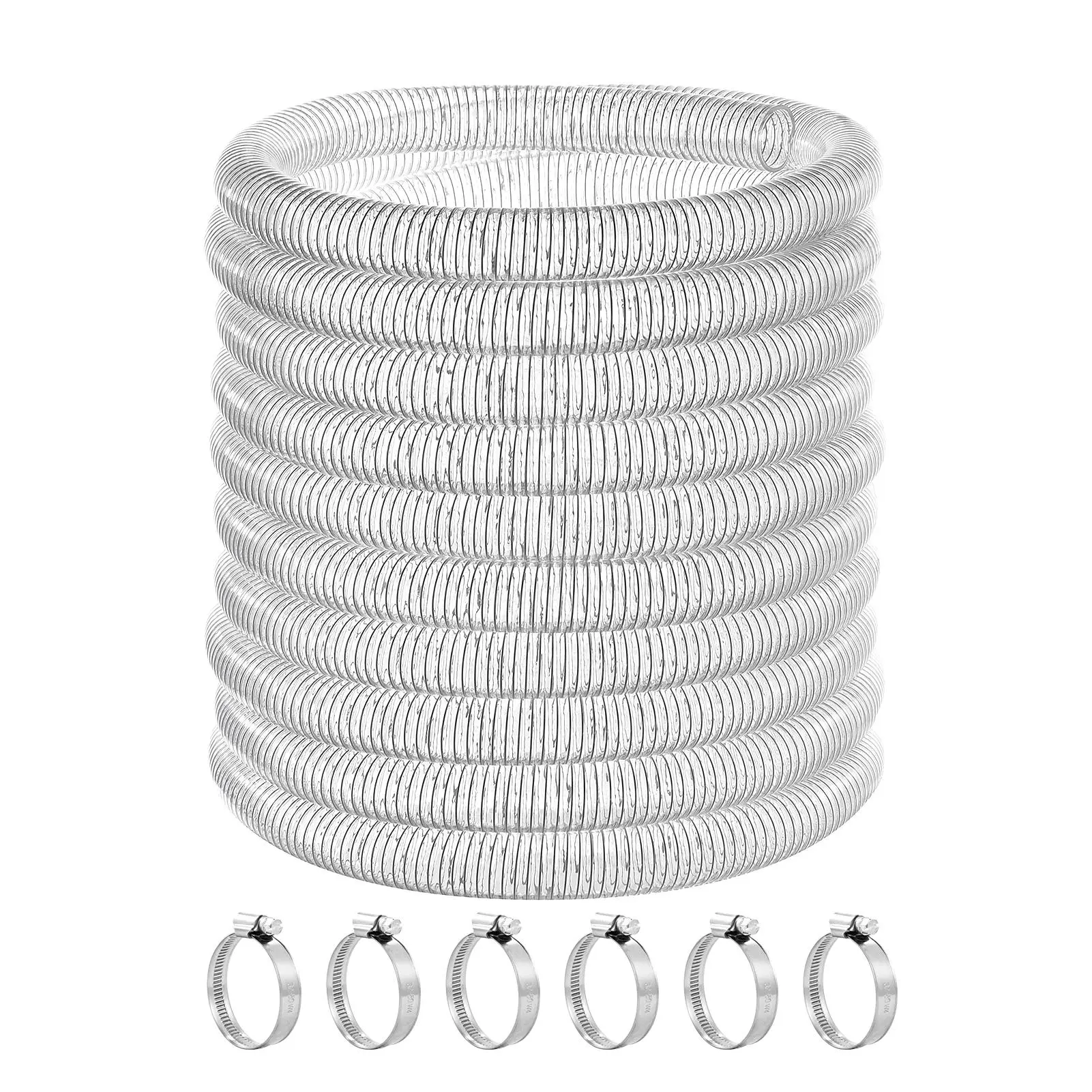 Suction Hose 50 Ft X 1-1/2In ID Heavy Duty Clear Wire Reinforced PVC Tube With 6 Clamps for Pond Marine Bilge Pump Spa Garden Pool Drain Water