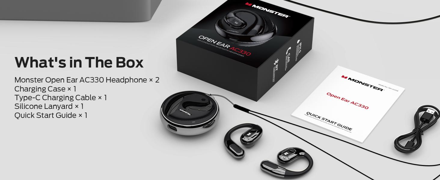 Monster AC330 Open-Ear Wireless Earbuds – Bluetooth 5.4 Headphones with Crystal-Clear Calls, 24H Playtime, Type-C Charging, Stylish Rotating Case with Lanyard, IPX5 Waterproof, Secure Fit for Sports & Daily Use
