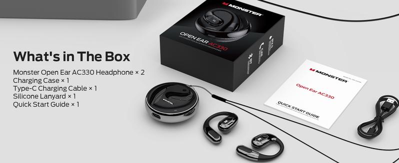 Monster AC330 Open-Ear Wireless Earbuds – Bluetooth 5.4 Headphones with Crystal-Clear Calls, 24H Playtime, Type-C Charging, Stylish Rotating Case with Lanyard, IPX5 Waterproof, Secure Fit for Sports & Daily Use