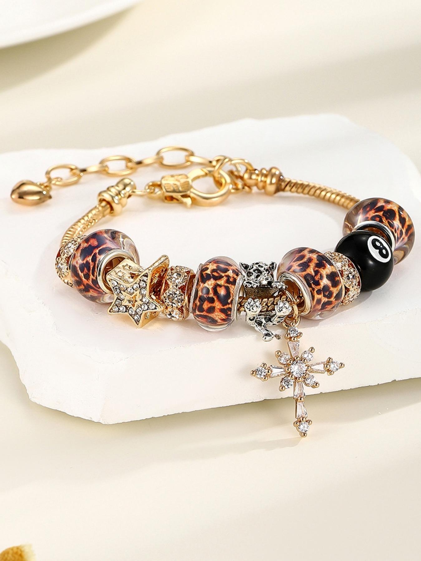Stainless Steel Zircon Adjustable Beaded Bracelet - Gold Star, Leopard Print, Cross & Black 8 Bead Charm Chain,Couple's Daily Wear ,Meaningful Gift Choice , Guardian-Themed Layering Accessory, Stackable Bracelet