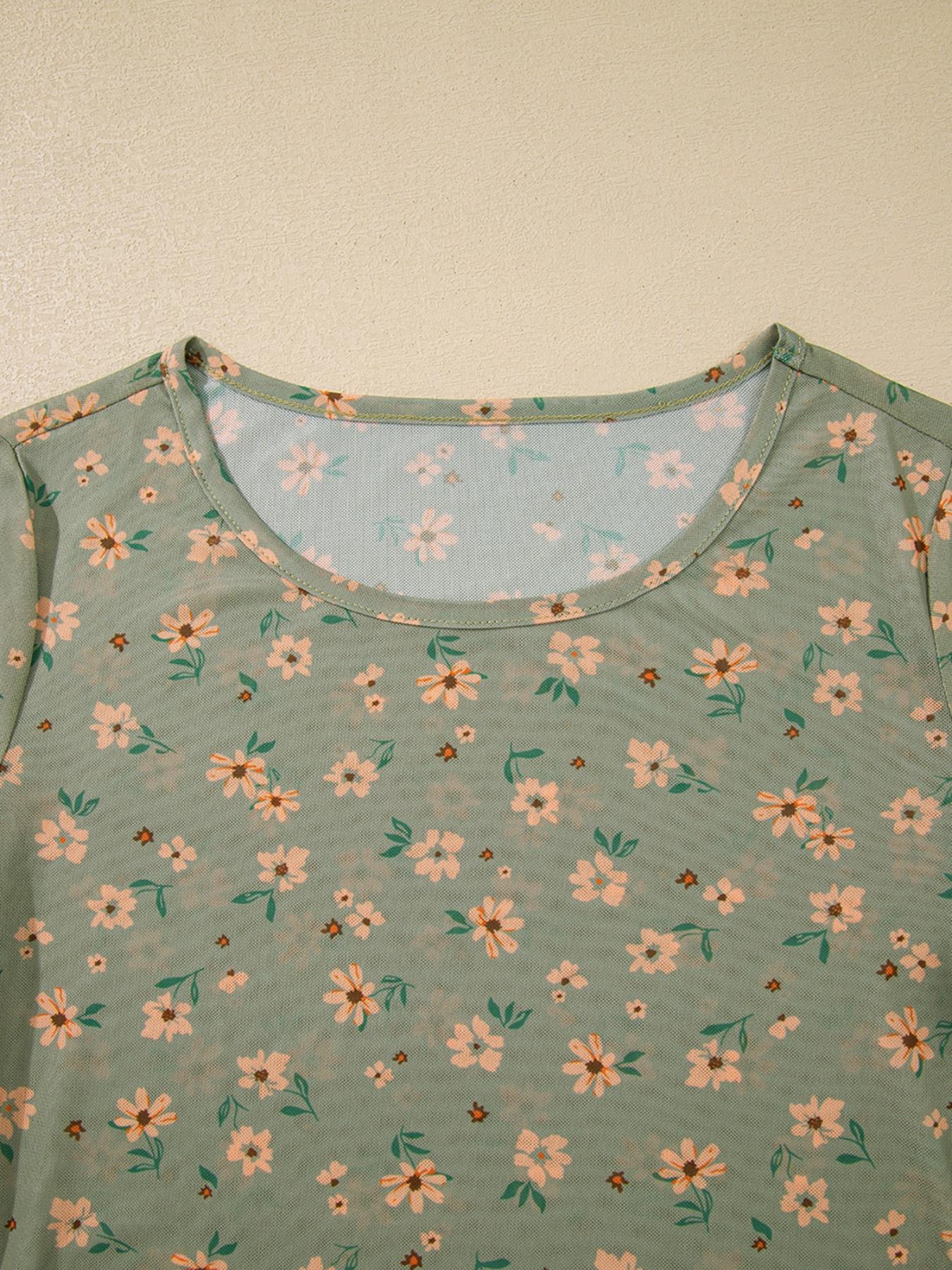 Vintage Floral Print Southern Style Mesh Long Sleeve Top, Women's Casual Fashion, Spring & Fall Wear, Comfortable and Stylish