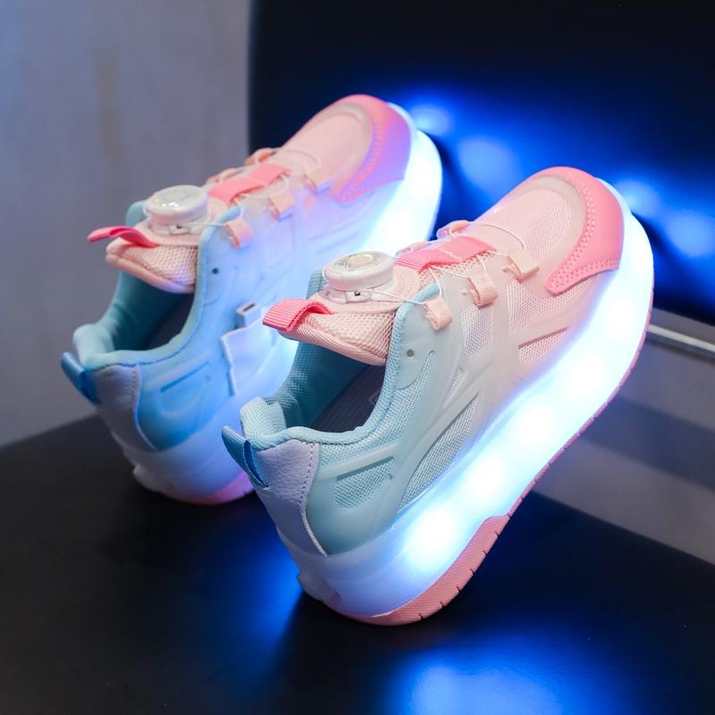 16 Color Modes USB Rechargeable LED Roller Shoes for Boys Girls, EUR 28-40 Rotary Buckle Breathable Mesh Light Up Wheels Sneakers, Kids Teens Luminous Roller Skates Shoes, Single Double Wheels Heelys for Outdoor Sports, Birthday Gifts for US EU KSA JP