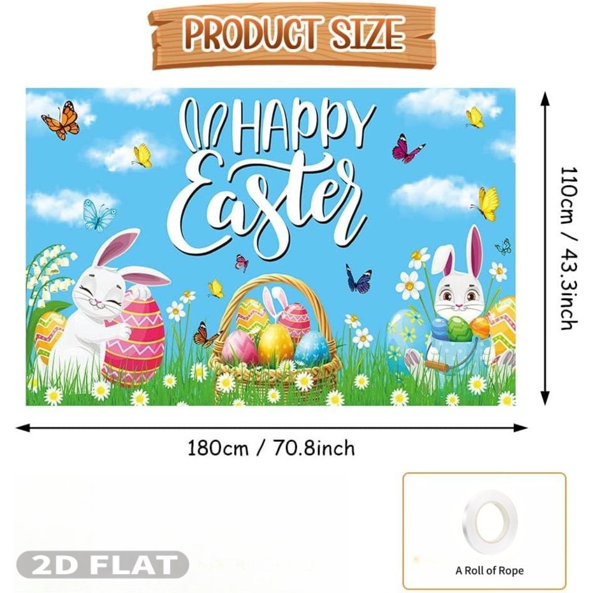 2D FLAT 1 Count Studio Props Happy Easter Backdrop Banner, Multiple Sizes Durable Polyester Fabric Colorful Flower Eggs Spring Bunny Grassland Theme Easter Decorations Party Supplies for Photo shoot Happy Easter's Day Party Decor