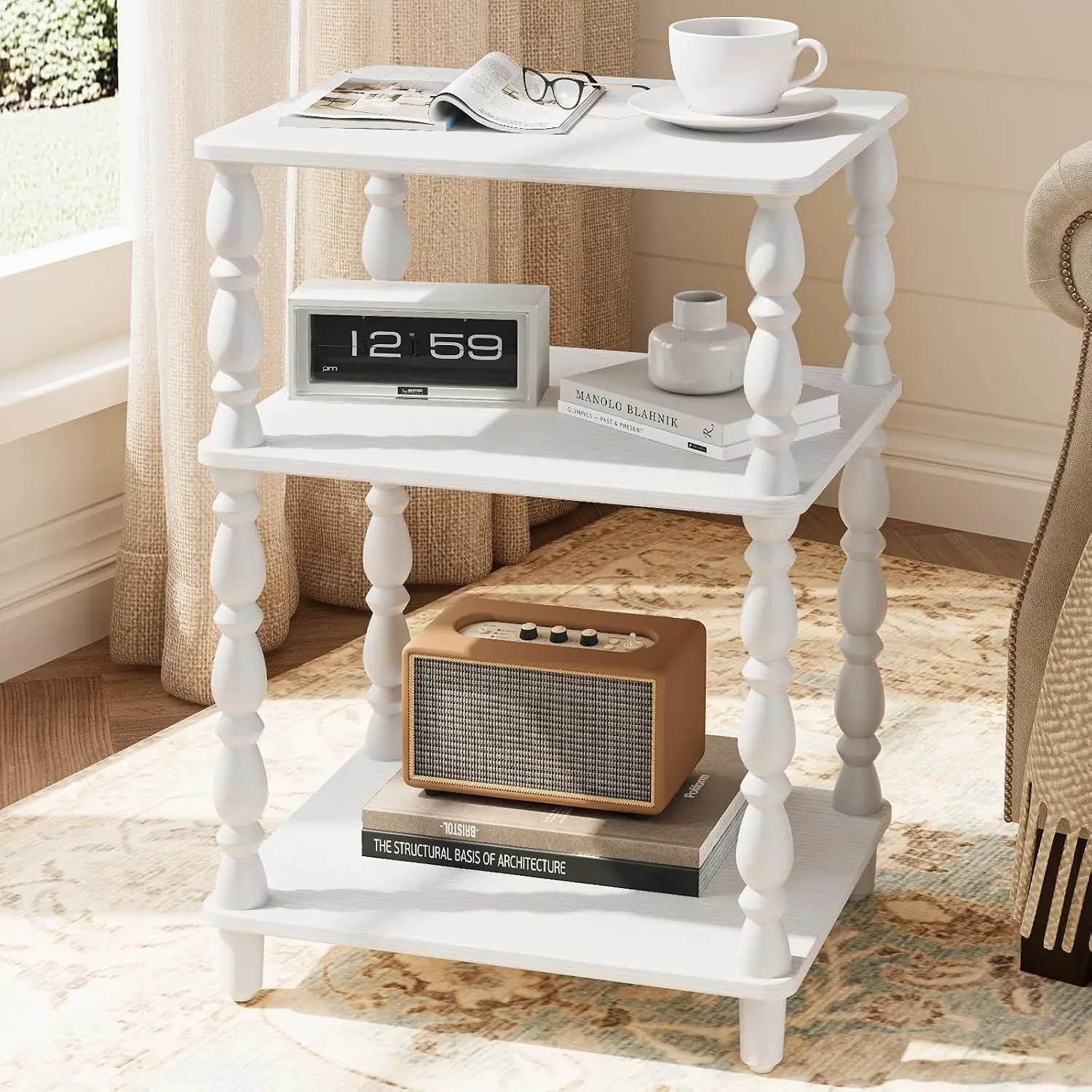 Small Side Table - White End Tables Living Room with Spindle  |  Night Stand with 3-Tier Storage Shelf,  Nightstand for Bedroom,  Bedside Table for Narrow Spaces