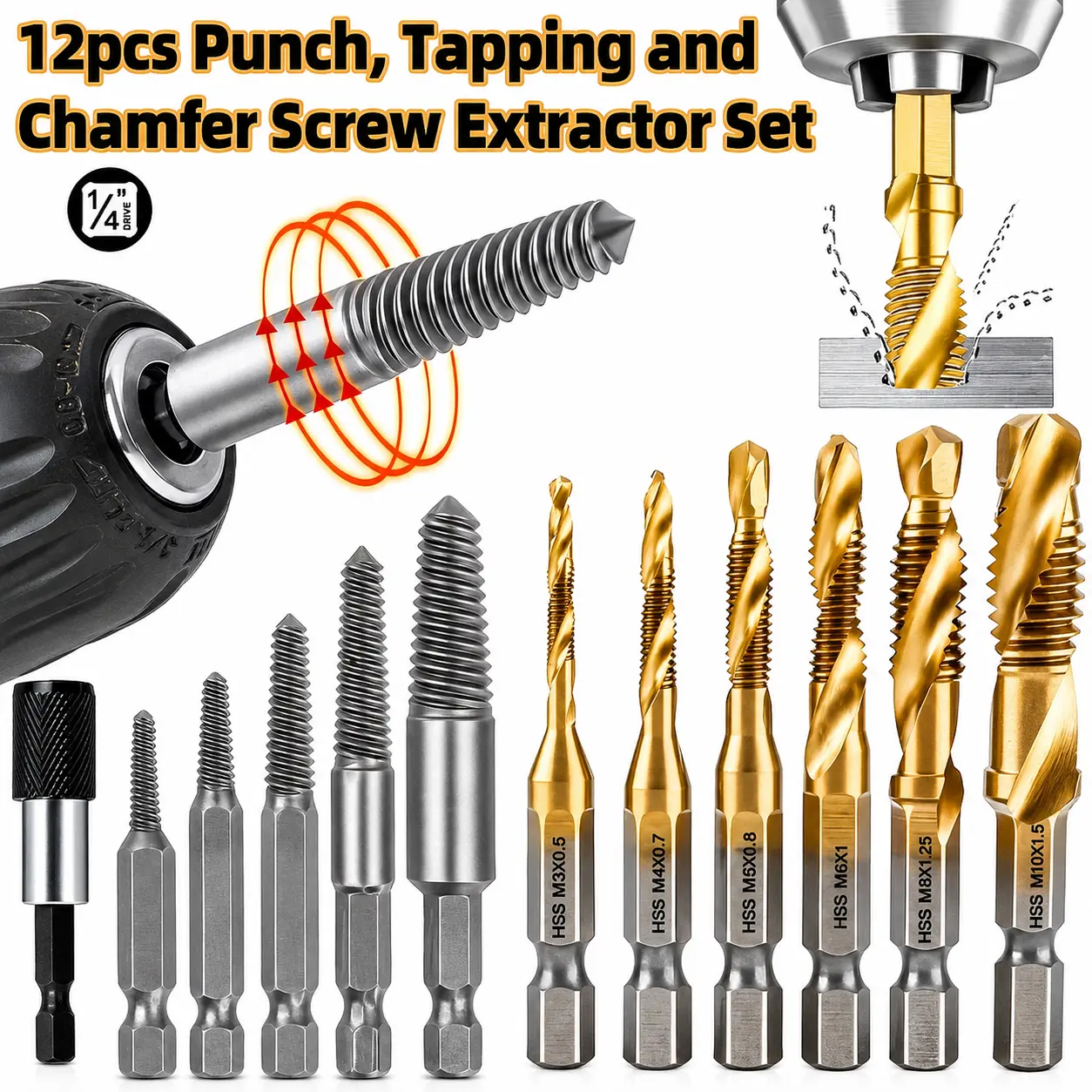 12-Piece High-Speed Steel Titanium-Coated Drill Bits and Tap Set, Hex-Shank, Metric Millimeters M3-M10 for Metal Drilling and Tapping
