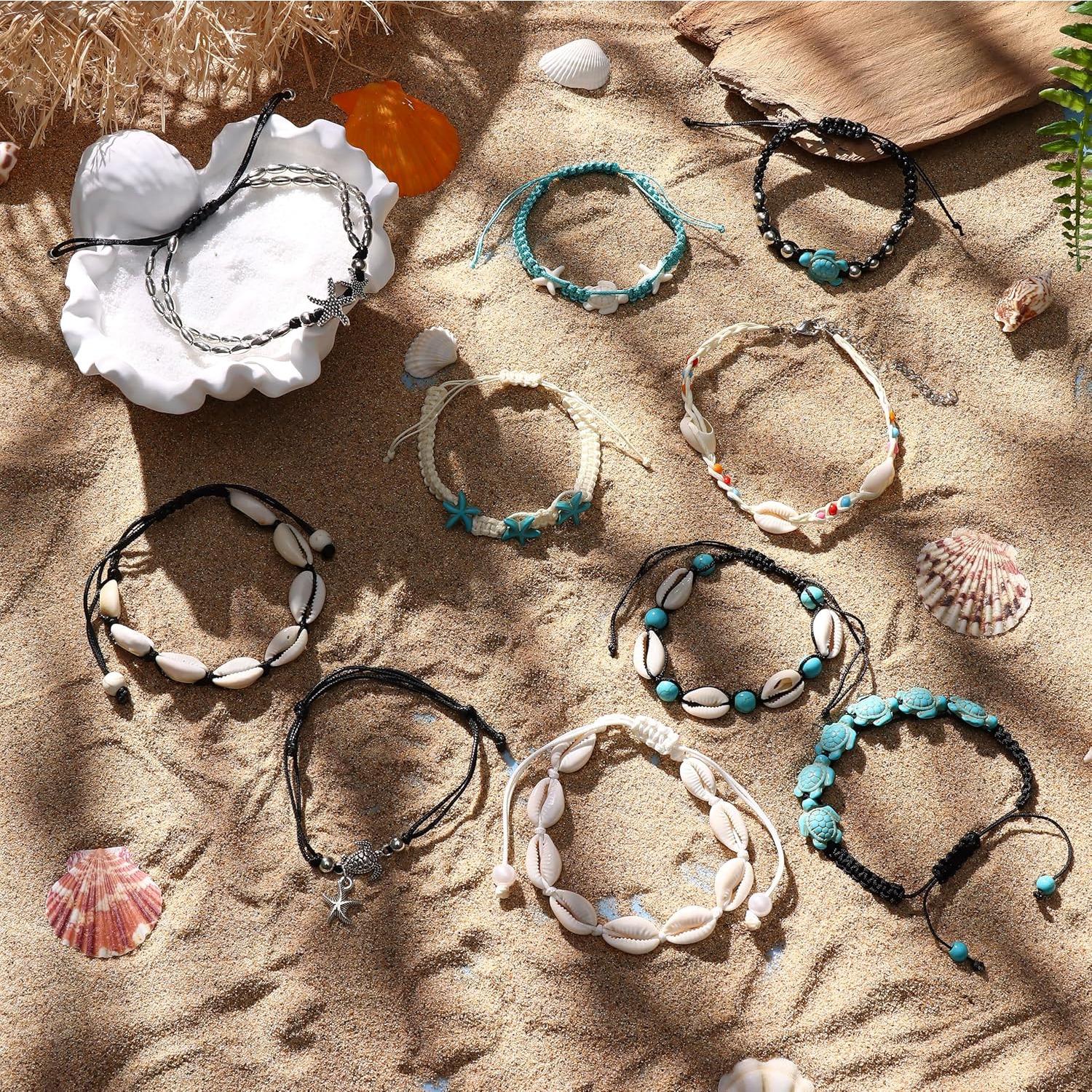 10 PCS Bohemian Summer Anklets for Women, Waterproof Handmade Turtle Starfish Shell Ankle Bracelets, Adjustable Beach Foot Jewelry,summerwins