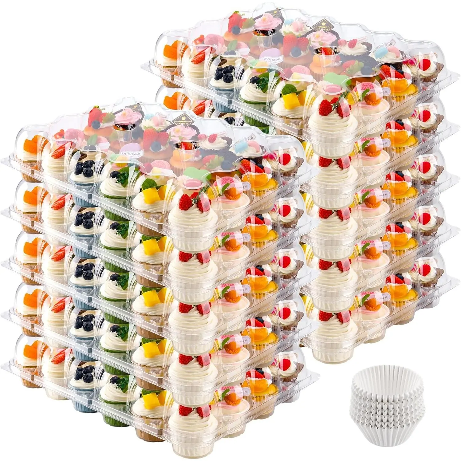 24 Count Cupcake Containers 10 Pack Cupcake Holders Plastic Stackable Cupcake Boxes with Detachable Tall Dome Lids and 240 Liners for 240 Cupcakes, BPA Free, Standard Size