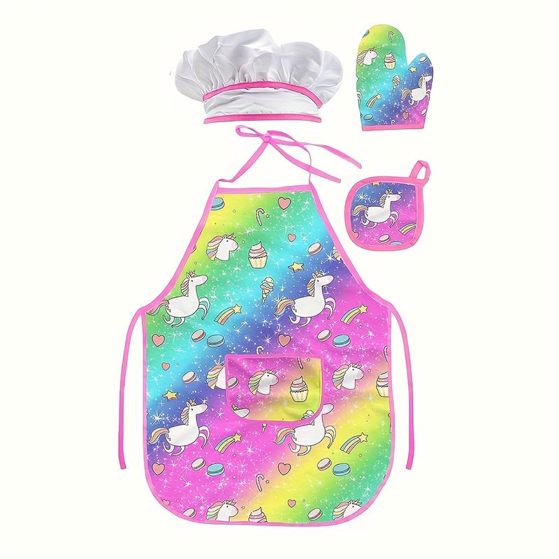 Unicorn Apron Set with Gloves Chef Hat and Baking Tools, Polyester Kitchen Apron, Perfect Holiday Gift, Colorful Chef Clothing Set