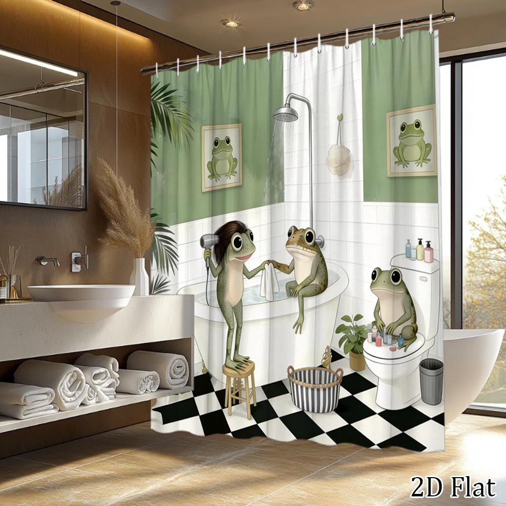 1pc 2D Flat Funny Frog Shower Curtain Bathroom Decor Bath Curtain with 12 plastic Hooks 70.8x70.8 Inch Featuring Cartoon Frogs in Bathtub and Nature Theme Wall Art for Unique Bathroom Style