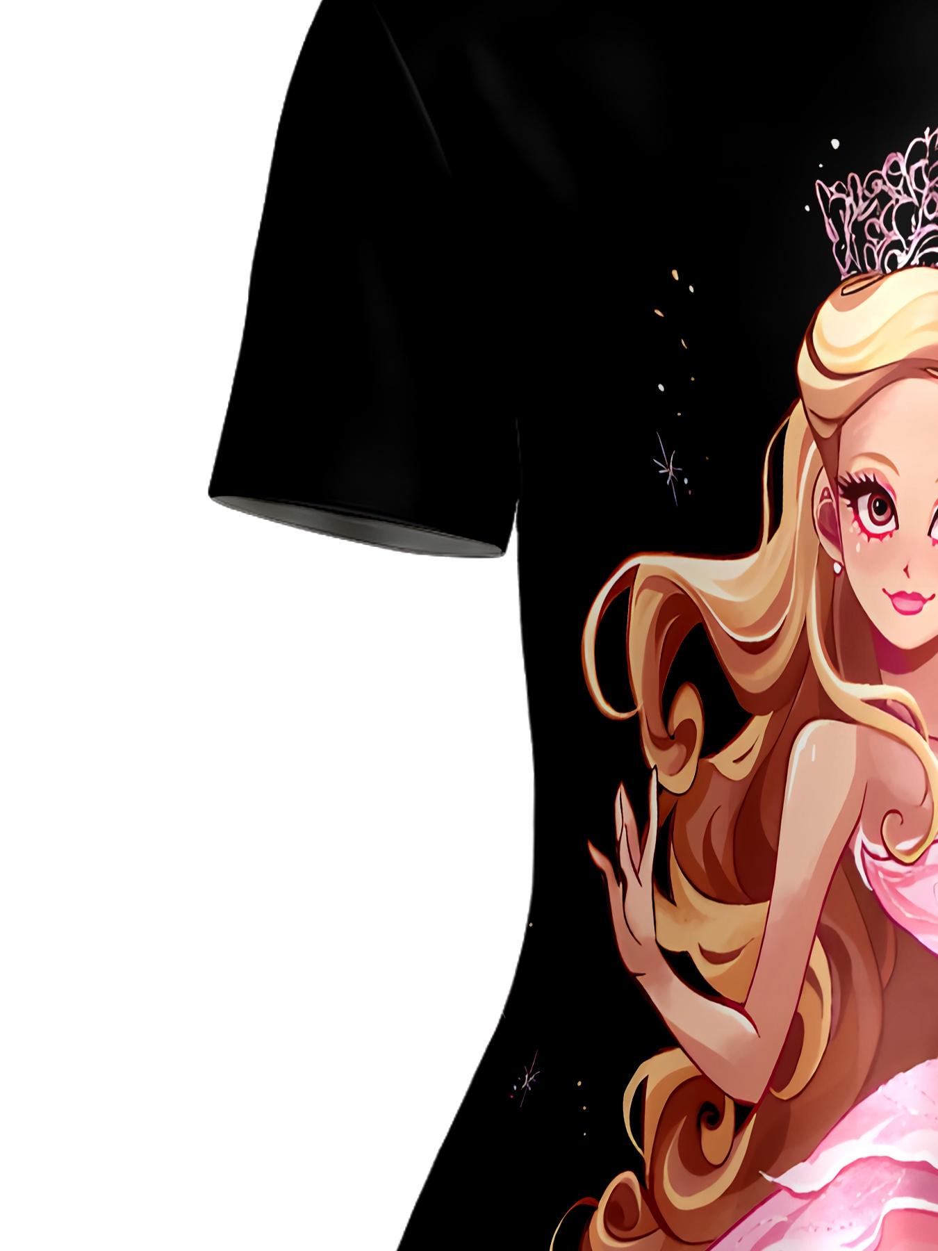 Girls Summer Pink Gown Princess Print Dress, Kids Black Background Magic Scepter Crew Neck Short Sleeve A-Line Dress