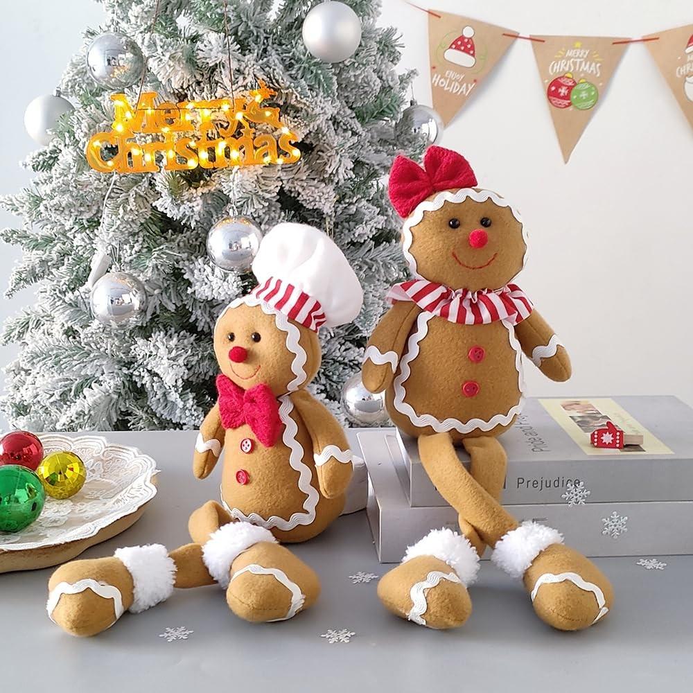 15-Inch Large Christmas Plush Gingerbread Man Doll, Boy Girl Version, Chef Hat and Bow, Decorative Ornament, Home Soft Toy, Holiday Decoration