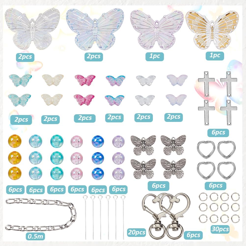 128 count Butterfly  Making Kit Butterflies Beads Colorful Butterfly Bead Heart Butterfly Charms  Glass Spacer Beads for Keychains Making Women Adults DIY Crafts Supplies