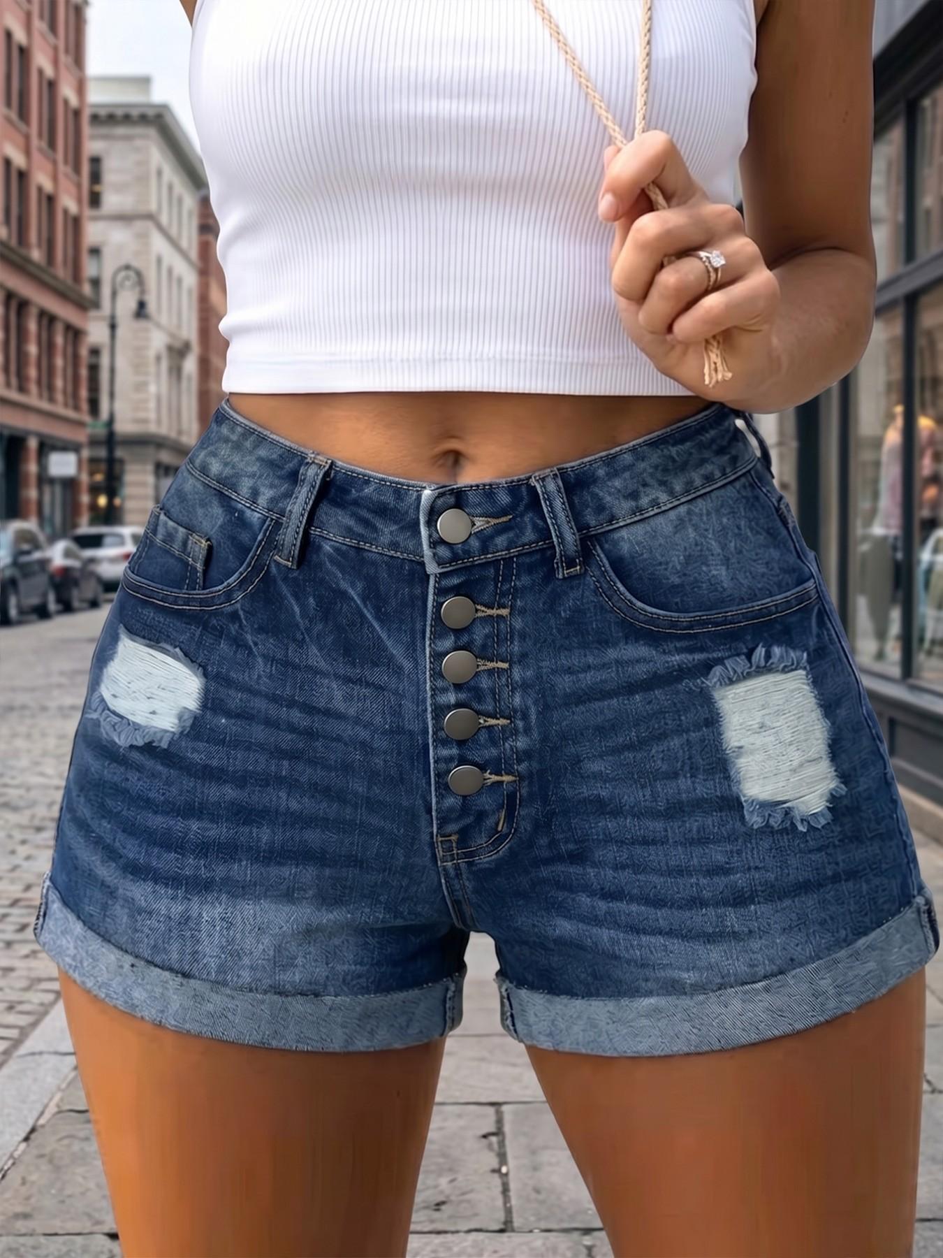 Women's High Waisted Denim Shorts, Multi Button Fly, Stretchy, Distressed Ripped, Pockets, Y2K Style, Chic, Casual Streetwear, Spring Summer