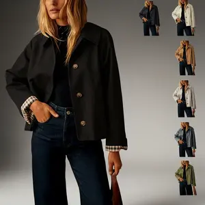 Women’s Cropped Trench Coat – Oversized Classic Lapel Jacket with Checkered Lining, Lightweight Summer Windbreaker, Casual Short Raincoat Outerwear