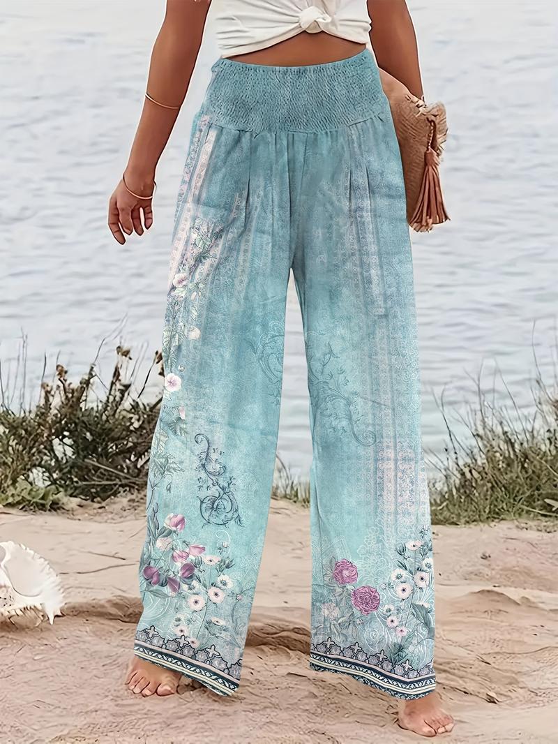 Women's Patchwork Print Elastic Waist Wide Leg Pants, Boho Casual Trousers for Beach Vacation Holiday, Ladies Bottoms for All Seasons