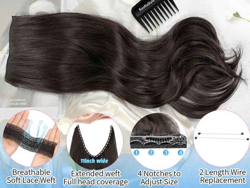[ kookastyle ] 20inch Invisible Wire Synthetic Hair Extensions 20‘’ Long Wavy Layered Synthetic Clip in Hair Extensions with Transparent Wire Adjustable Size 6 Secure Clips Dark Brown Thick Hairpieces for Women 20 Inch