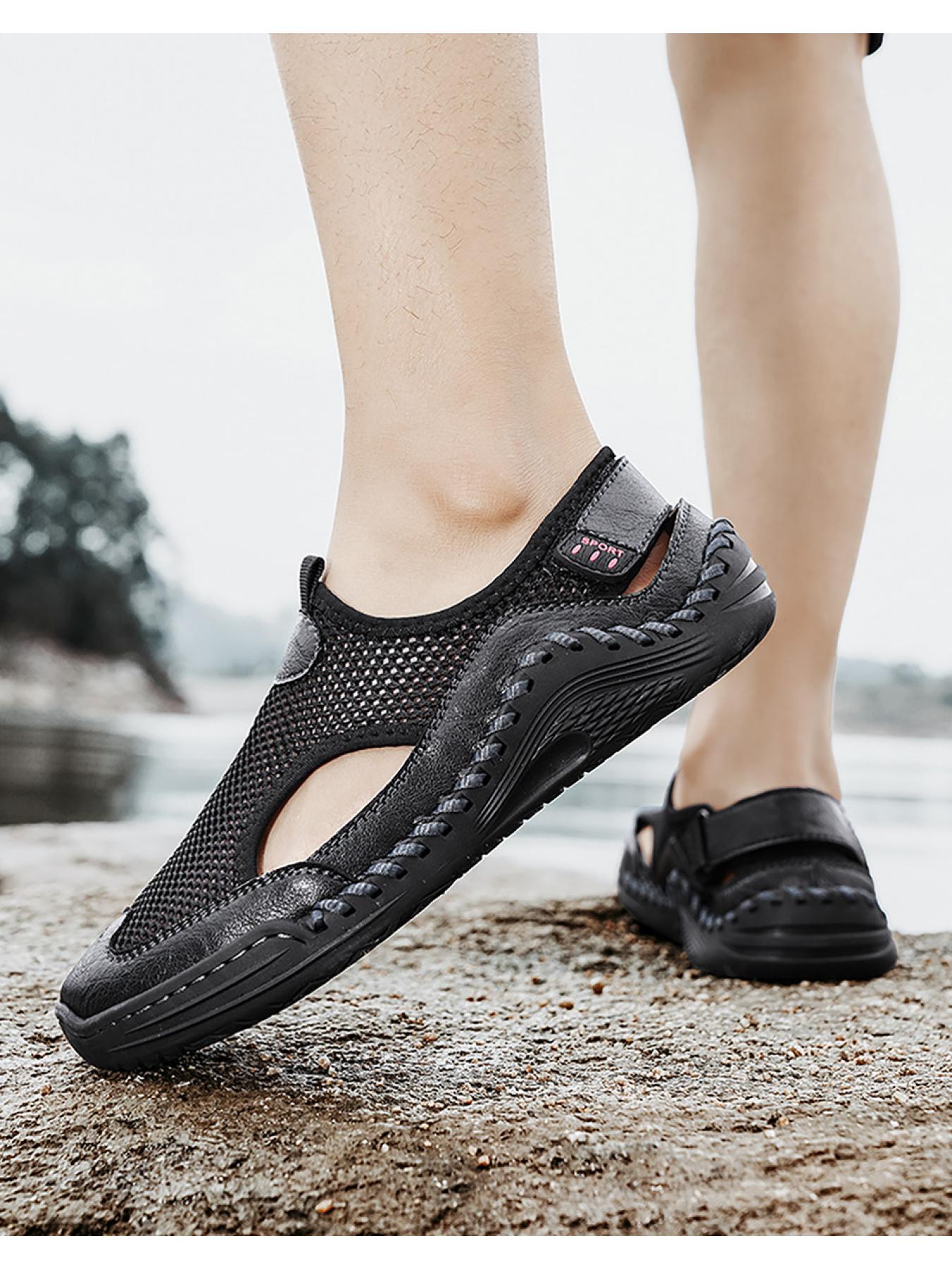 Men's Solid Color Mesh Breathable Closed-Toe Sandals, Hand-Stitched Soft Sole Water Shoes, Slip-On Casual Outdoor Beach Shoes