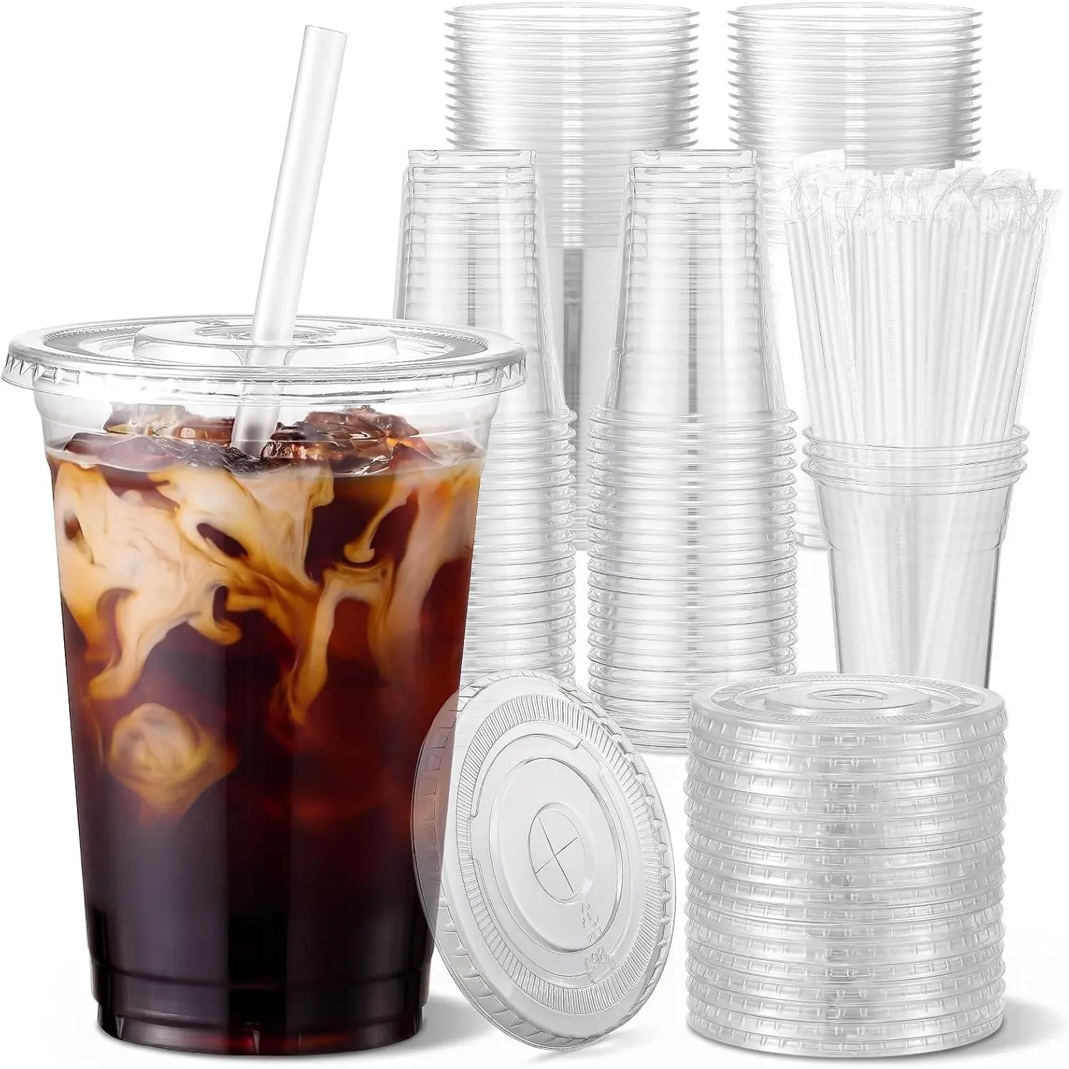 [100 Sets - 20oz] Clear Plastic Cups with Lids and Straws, Disposable Cups for Iced Coffee, Smoothie, Milkshake, Cold Drinks