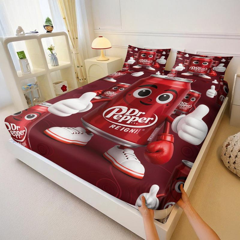 Dr Pepper Brand Full Print Fitted Sheet Set, 1 Fitted Sheet and 2 Pillowcases, Wine Red Color Base, Soft Skin-Friendly, Dustproof Anti-Wrinkle, Decorative Bedsheet Sets, Trendy Bedroom Decor for Boys and Girls Dr Pepper Brand Full Print Fitted Sheet Set, 1 Fitted Sheet and 2 Pillowcases, Wine Red Color Base, Soft Skin-Friendly, Dustproof Anti-Wrinkle, Decorative Bedsheet Sets, Trendy Bedroom Decor for Boys and Girls