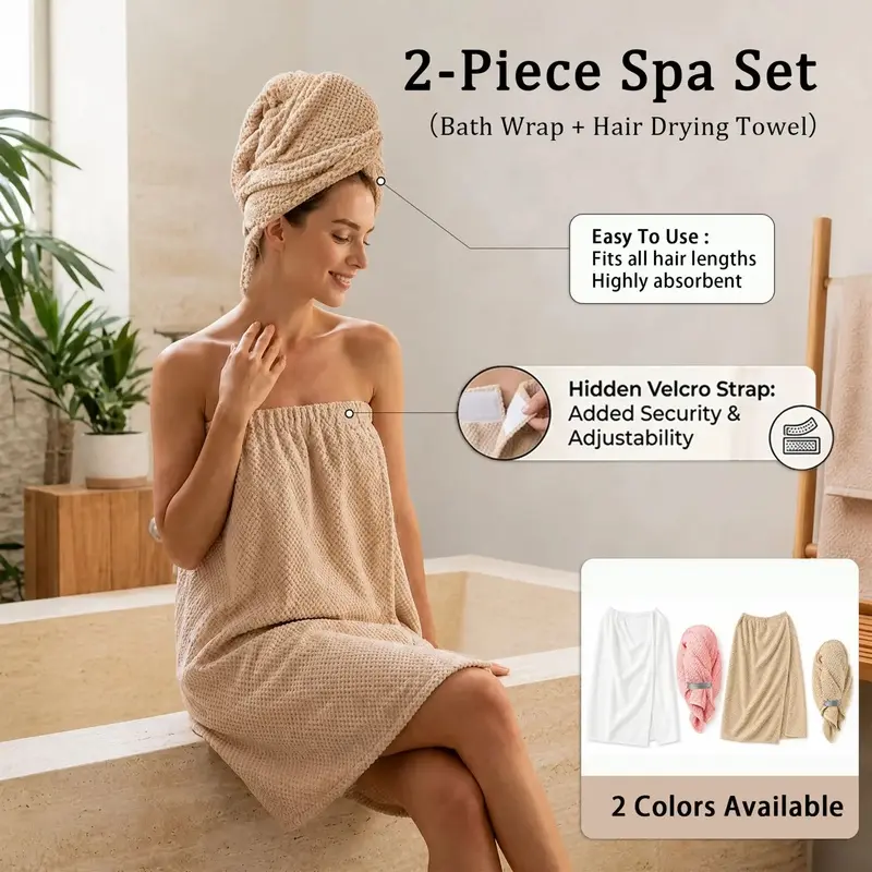 2PCS Adjustable Women's Bath Wrap Set (1 Bath Wrap + 1 Hair Towel Turban),1/2sets available. Soft, absorbable adjustable SPA body wrap for women. The matching hair turban fits almost all hair lengths. Perfect for home, spa, hotels and gyms.