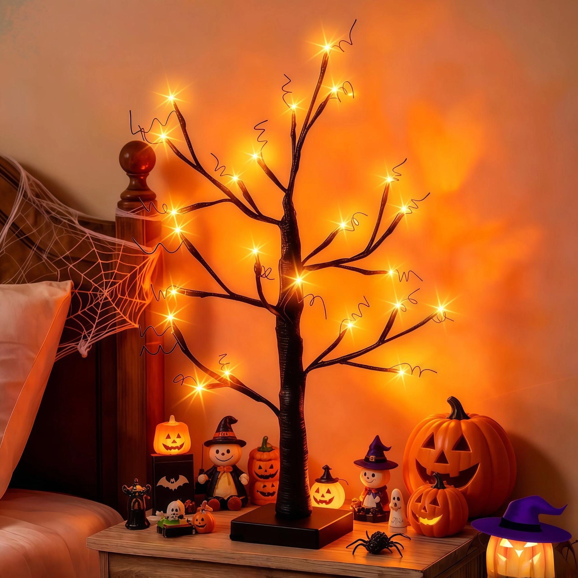 1/2 Pack 24 Inch Black Halloween Ghost Tree Light with 24 LEDs Orange & Purple Lights, USB & Battery Powered, DIY Hanging Ornament Table Lamp for Bedroom Haunted House Thanksgiving Autumn Seasonal Home Party Decor (Battery Not Included)