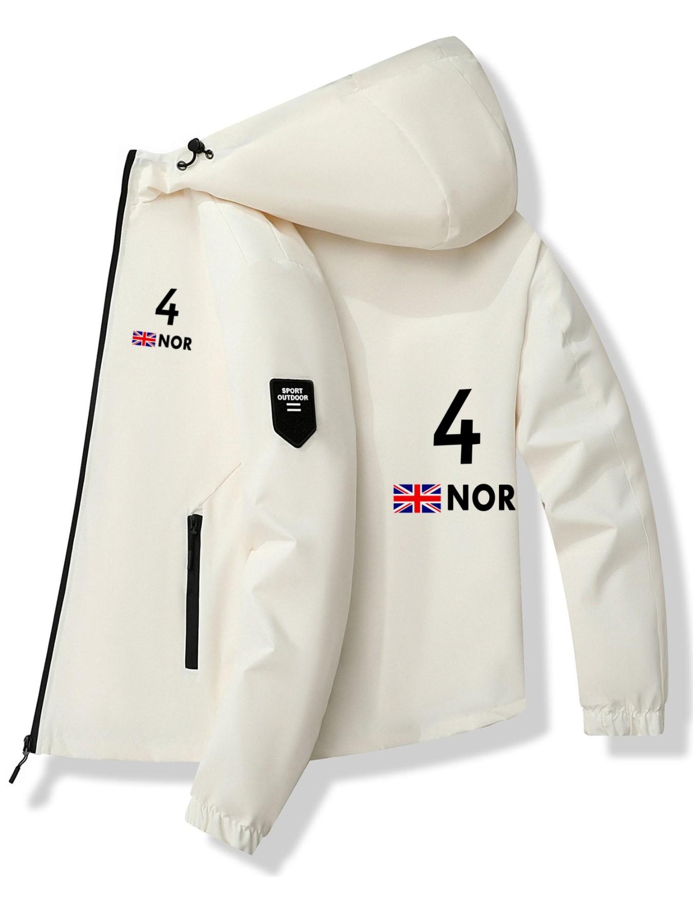 Digital 4 Flag Letter Hoodie Jacket, Polyester Fabric, Slim Fit, Casual Style, Spring & Fall, Trendy Daily Wear Outerwear