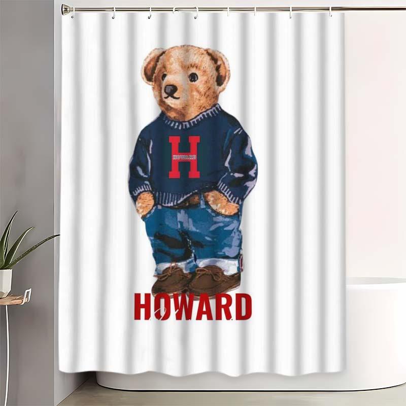 Polo Fashion Bear Shower Curtain Set, Bathroom Decor Accessories with 12 Hooks, Non-Slip Bath Mat and U-Shaped Toilet Lid Cover