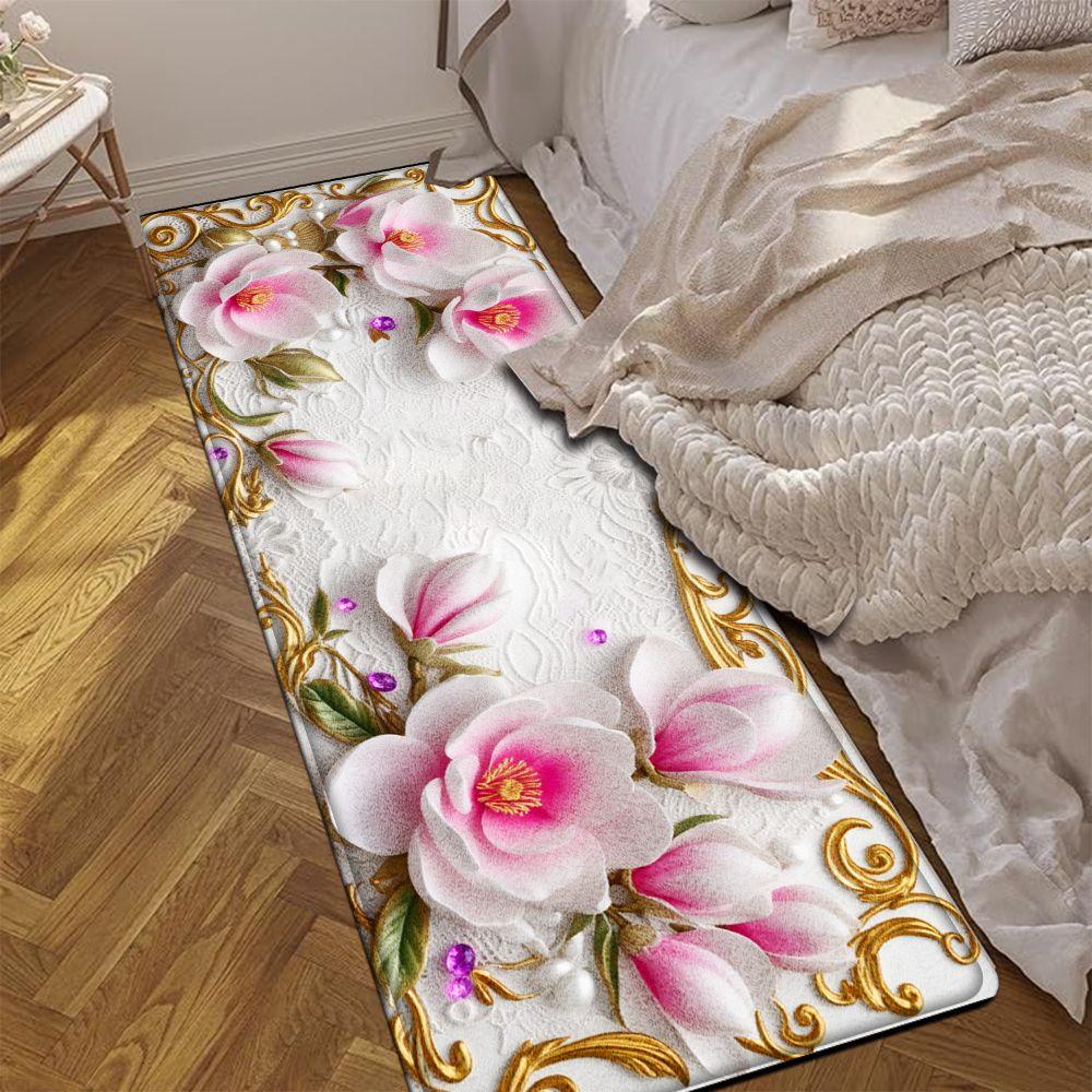 1PC， Pink and White Magnolia Flowers with Gold Ornaments Patterned strip rugs, home décor, bathroom mats, entryway mats, bathroom non-slip mats, indoor entrance rugs, bedroom bedside mats, kitchen mats, hallway rugs, flannel sponge rugs