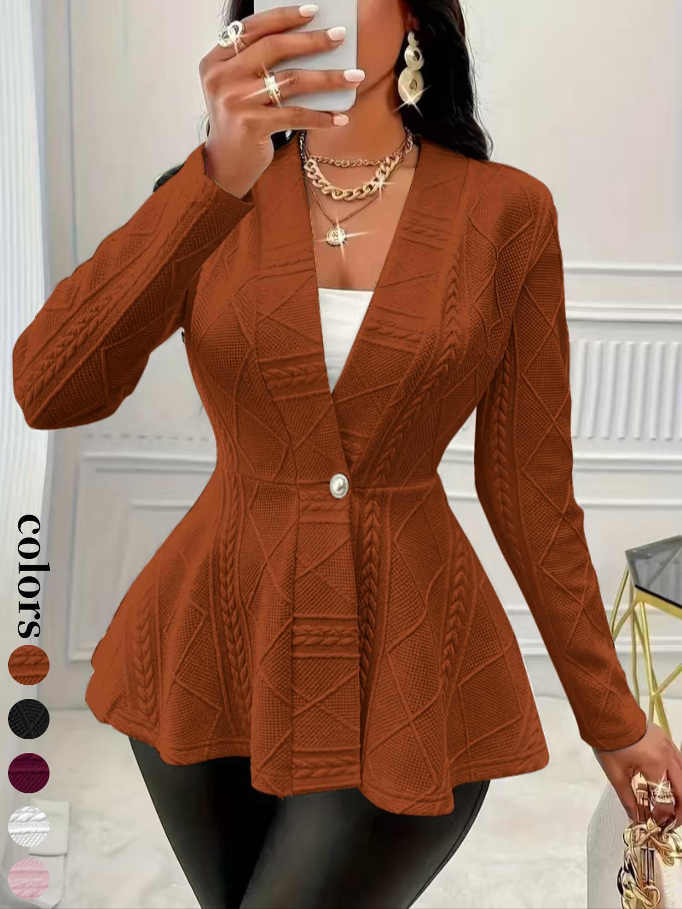 Women's Textured Button Front Blazer, Elegant Long Sleeve Slim Outerwear for Fall & Winter, Ladies Clothes for Work Office Business, Womenswear