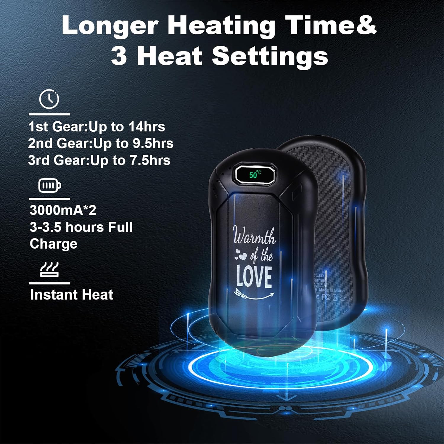 Hand Warmers Rechargeable 2 Pack, 6000mAh Electric Portable USB Heater, 3 Temperature Settings, Magnetic 2 in 1 Hand Warmers for Outdoor Camping, Hunting Gear, for Men,Women