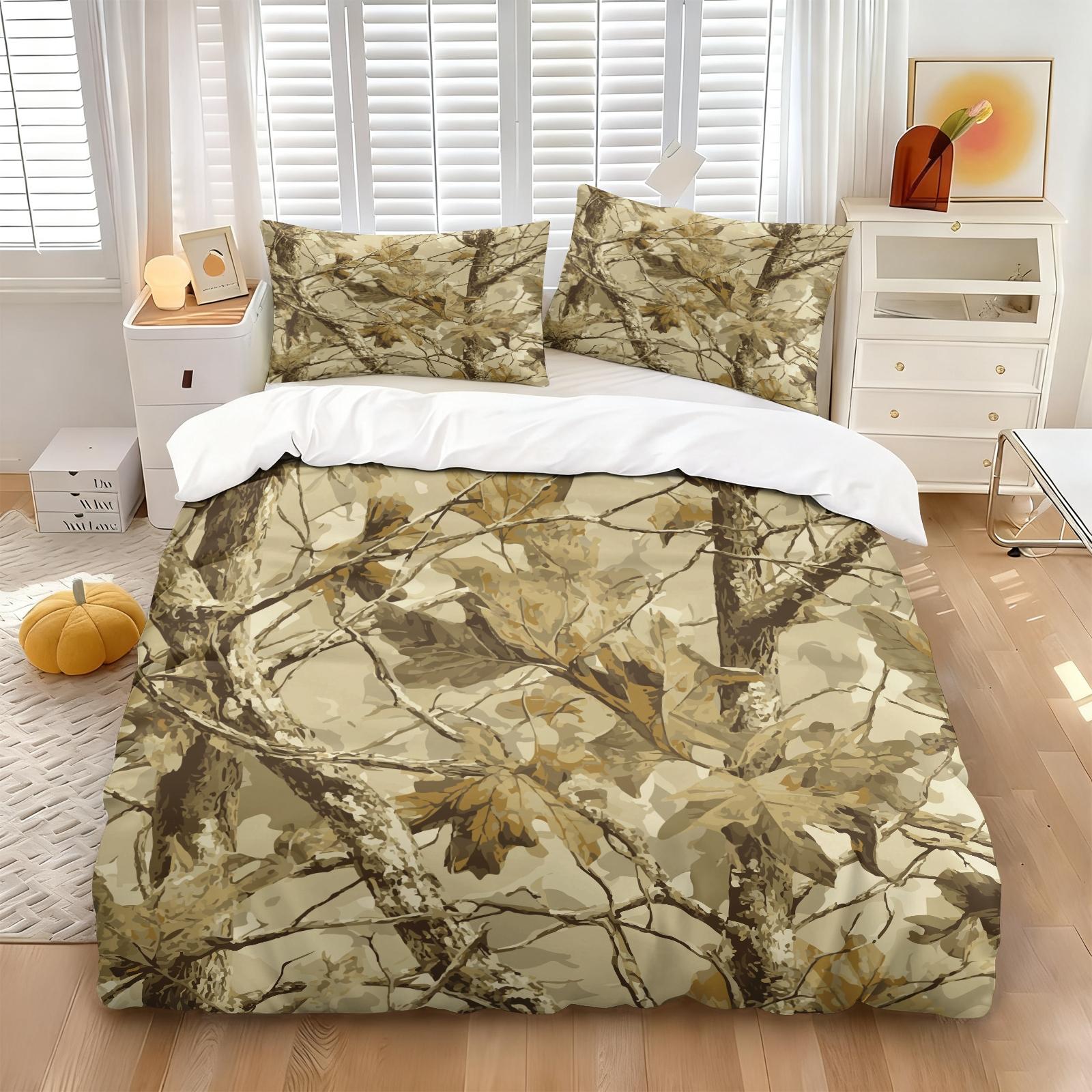 Rustic Hunting Forest Camo Duvet Cover Set, Includes 1 Duvet Cover and 1-2 Pillowcases, Woodland Forest Leaf Camouflage Print Bedding Set, Outdoor Hunter Themed Bedroom Decor for Cabin, Farmhouse & Masculine Men Spaces, Comfy Bedding Set