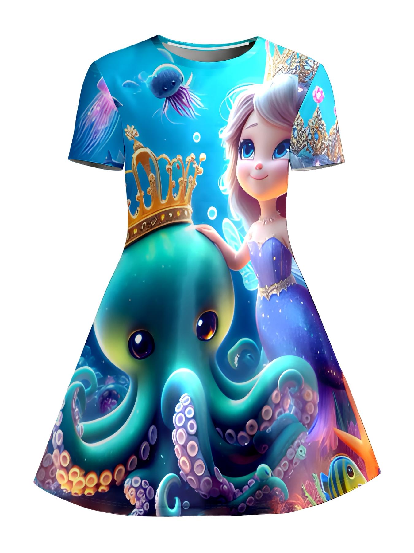 Girls Summer Mermaid Octopus Print Dress, Kids Underwater World Crew Neck Short Sleeve A-Line Dress