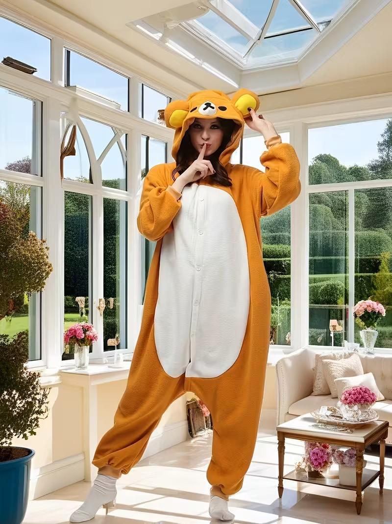 Adult Anime Kawaii Kigurumi Pajama Set - Halloween/Christmas Cartoon Bear Rilakkuma Unicorn Sleepwear with Buttons, Adults' Loungewear, Anime Wear Slippers