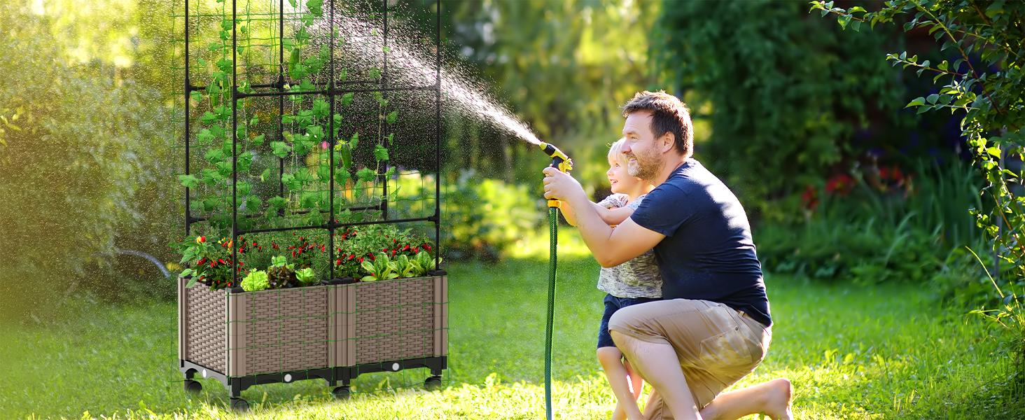 Lilypelle Raised Garden Bed Planter Boxes with Trellis, Gardening System-Self Watering Planter with Wheels, Plants Outdoor and Indoor Tomato Cage for Climbing Vegetables Plants & Herbs & Flowers summergarden