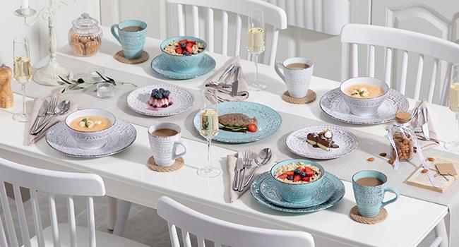 Vancasso 16-Piece Dinnerware Set for 4, Embossed Vine Design with Spiral & Eyelash Rim, Includes 4 Dinner Plates, 4 Side Plates, 4 Bowls, 4 Mugs, Blue Ceramics   Tableware Kit Cutlery